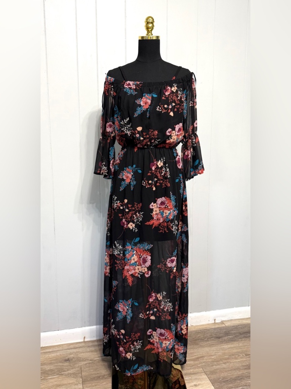 Floral Off-Shoulder Sheer Maxi Dress in Black